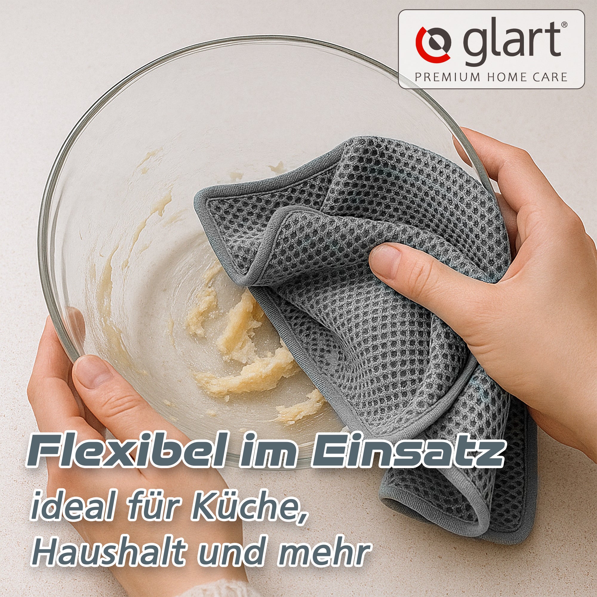 Glart H44T2 2er-Set Teigreinigungstuch – je 32x32 cm – Ideal für Teigreste auf Schüsseln, Rührbesen, Edelstahl & Silikon – Wiederverwendbar, spülmaschinenfest, sanft & effizient