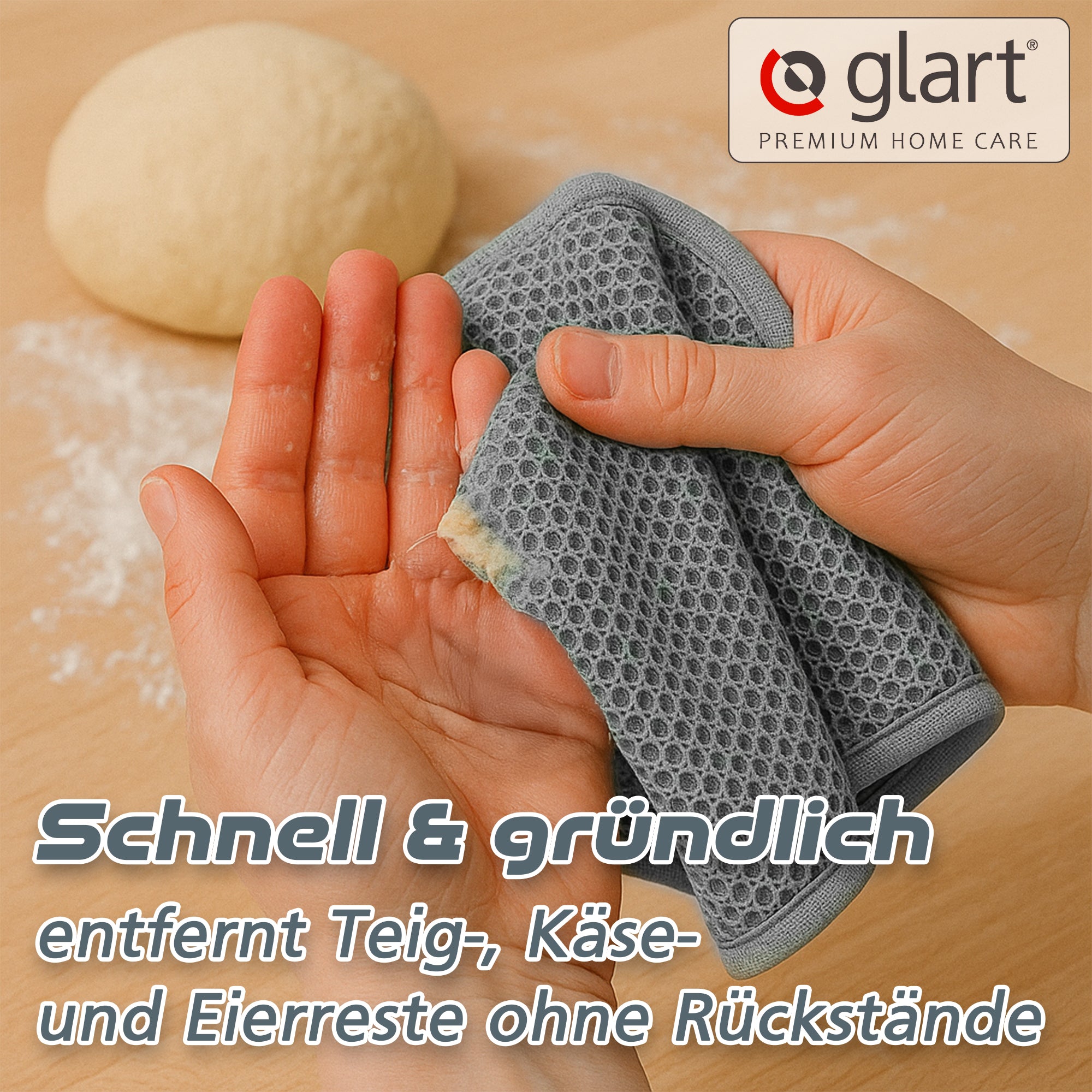 Glart H44T2 2er-Set Teigreinigungstuch – je 32x32 cm – Ideal für Teigreste auf Schüsseln, Rührbesen, Edelstahl & Silikon – Wiederverwendbar, spülmaschinenfest, sanft & effizient