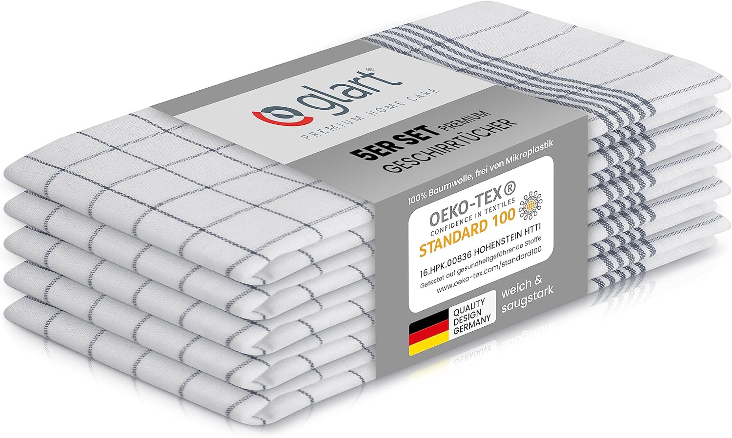 5er Set Geschirrtücher 50x70 cm – 100% Baumwolle, Grau Karo, OEKO-TEX 01