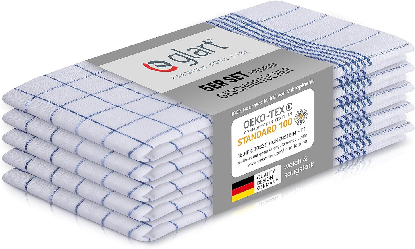 5er Set Geschirrtücher 50x70 cm – 100% Baumwolle, Blau Karo, OEKO-TEX 01