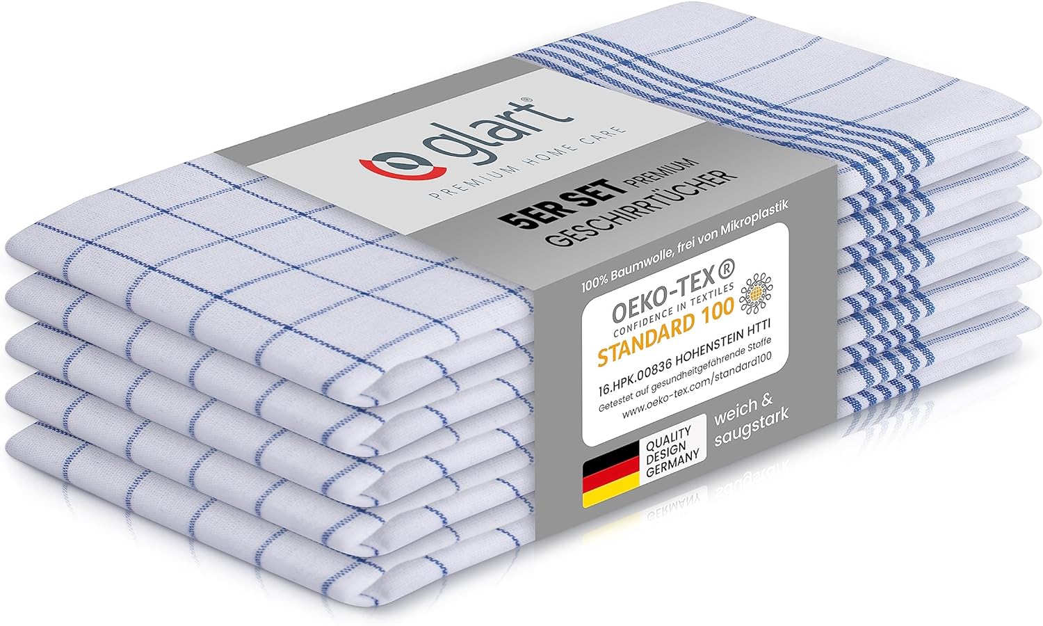 5er Set Geschirrtücher 50x70 cm – 100% Baumwolle, Blau Karo, OEKO-TEX 01