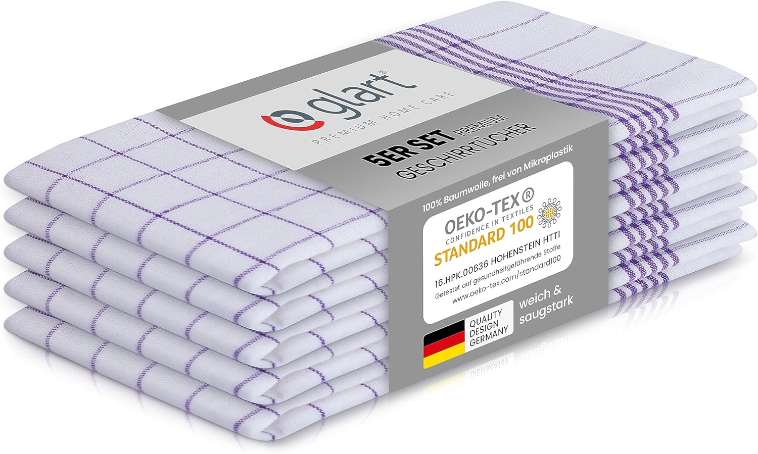 5er Set Geschirrtücher 50x70 cm – 100% Baumwolle, Lila Karo, OEKO-TEX 01