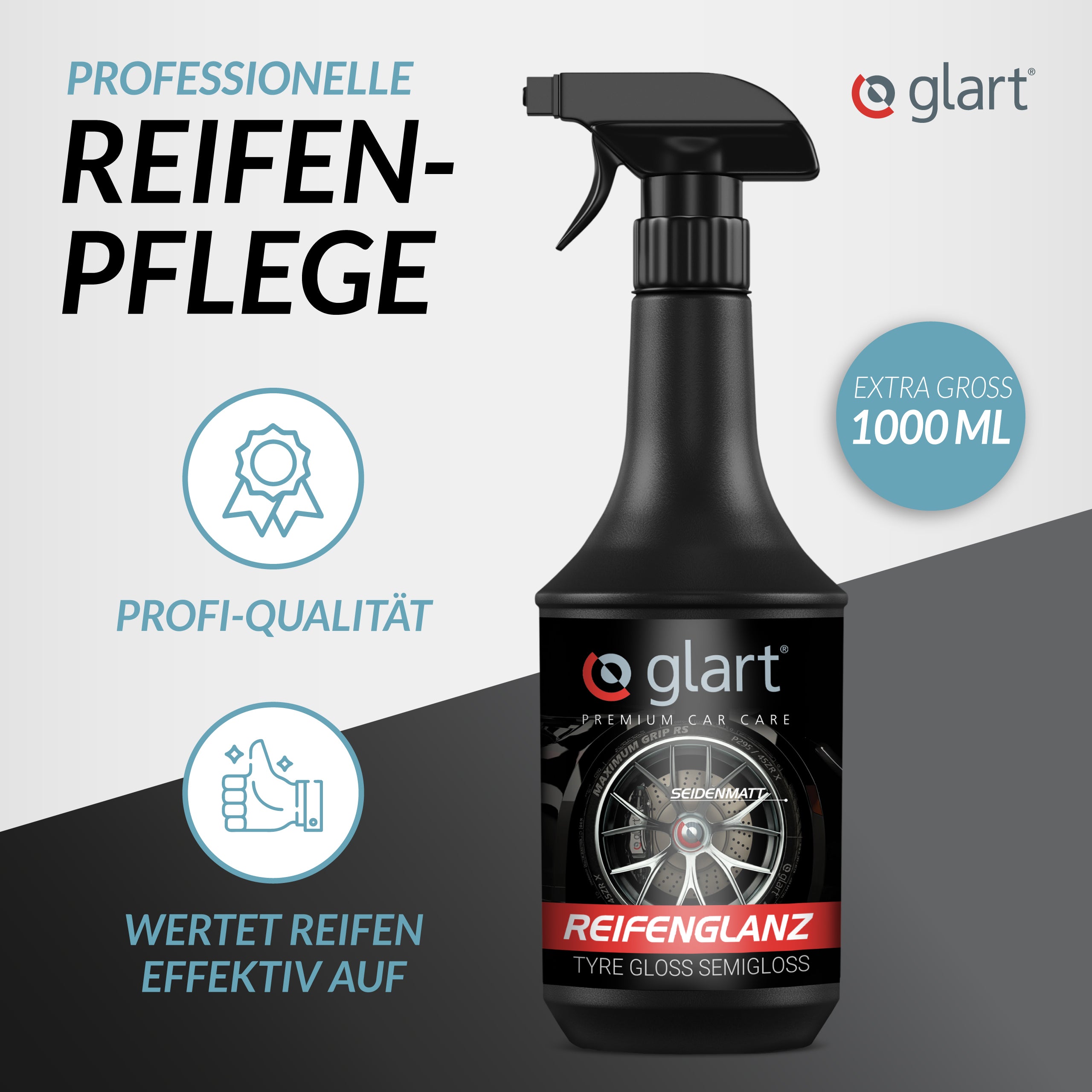 Reifenglanz Spray 1L – seidenmatt, für Autoreifen & Kunststoff 02