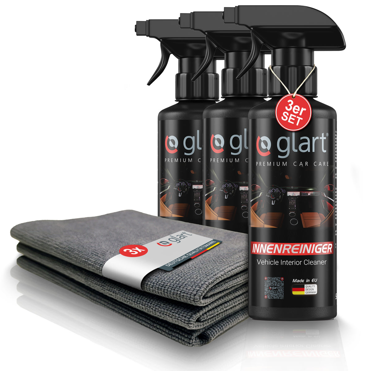 3er Set Auto Innenreiniger 500 ml + 3 Mikrofasertücher – Cockpitpflege – Glart