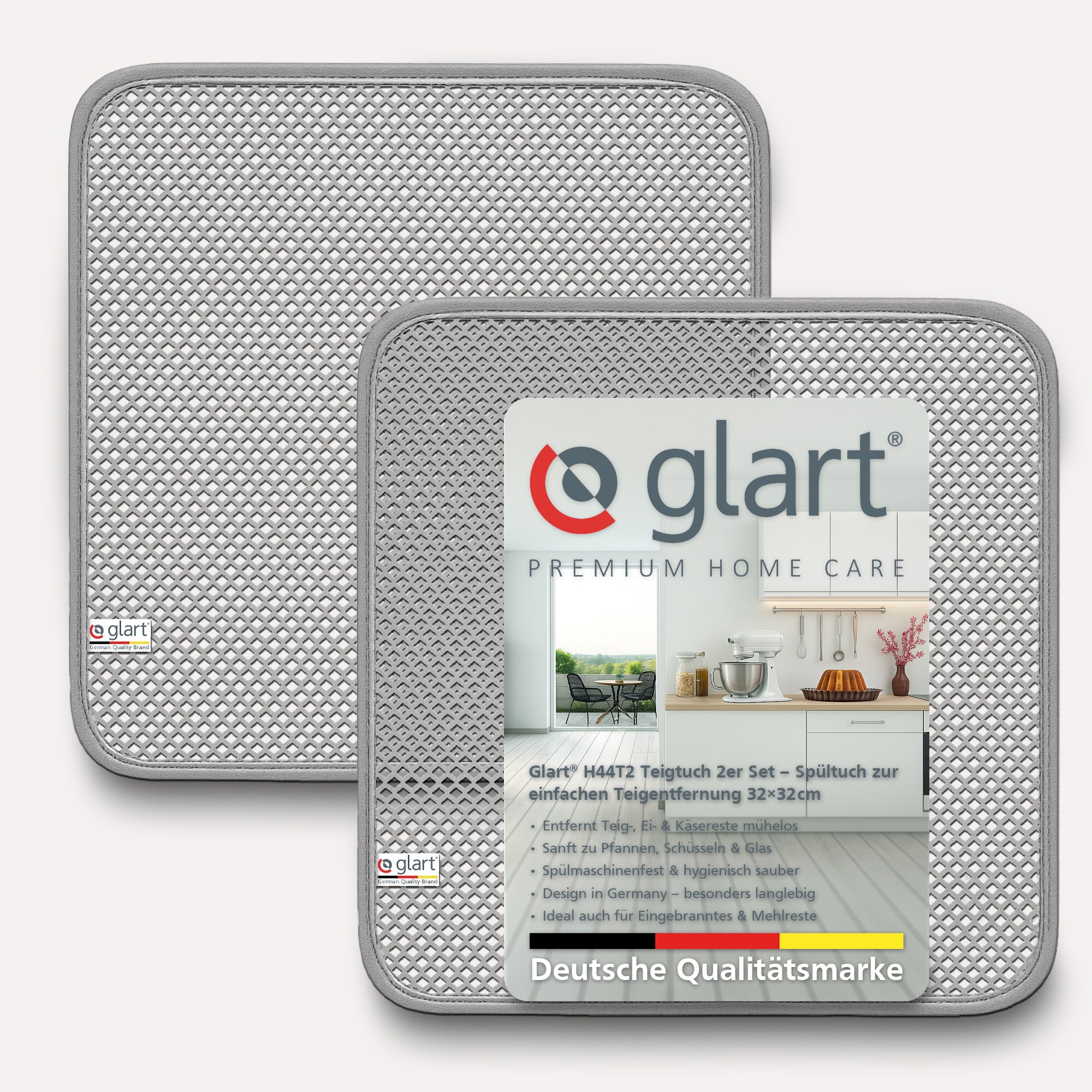 Glart H44T2 2er-Set Teigreinigungstuch – je 32x32 cm – Ideal für Teigreste auf Schüsseln, Rührbesen, Edelstahl & Silikon – Wiederverwendbar, spülmaschinenfest, sanft & effizient