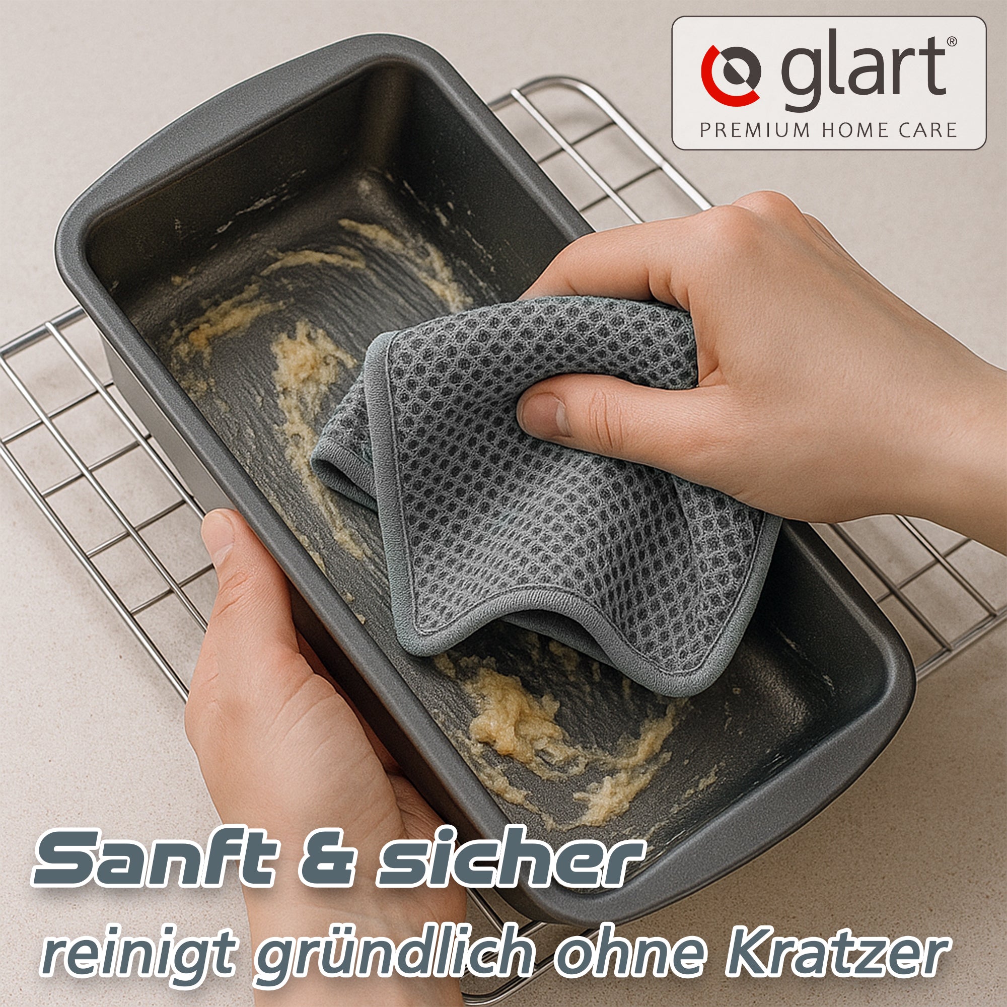 Glart H44T2 2er-Set Teigreinigungstuch – je 32x32 cm – Ideal für Teigreste auf Schüsseln, Rührbesen, Edelstahl & Silikon – Wiederverwendbar, spülmaschinenfest, sanft & effizient